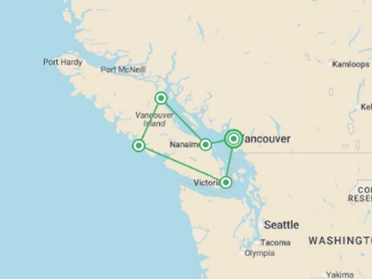 Map of 8-Day Canada Tour with 5 destination visits for the trip: Vancouver Island Discovery - 8 days