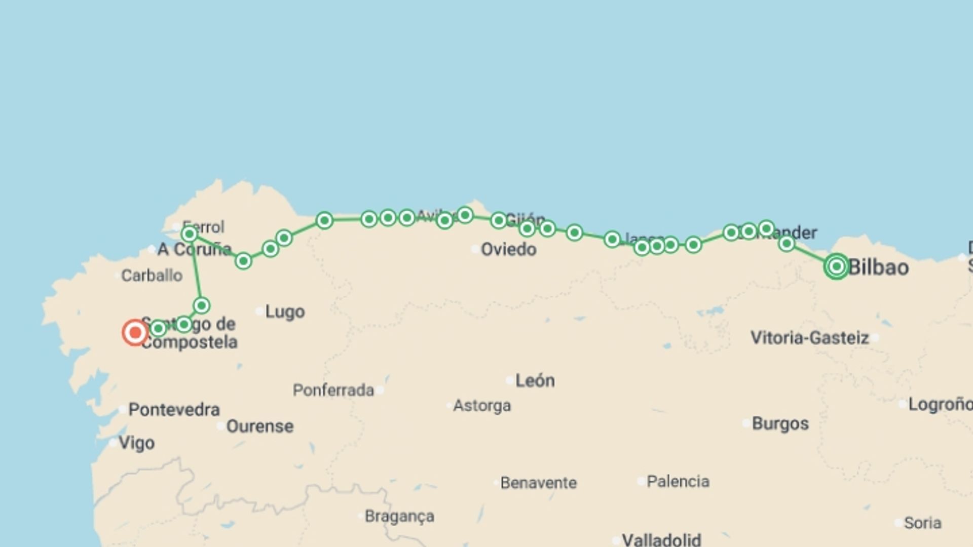 A map showing the tour itinerary for the trip: Camino Norte - Bilbao to Santiago, starting in Bilbao, Spain and ending in Santiago De Compostela, Spain going through 26 other destinations.
