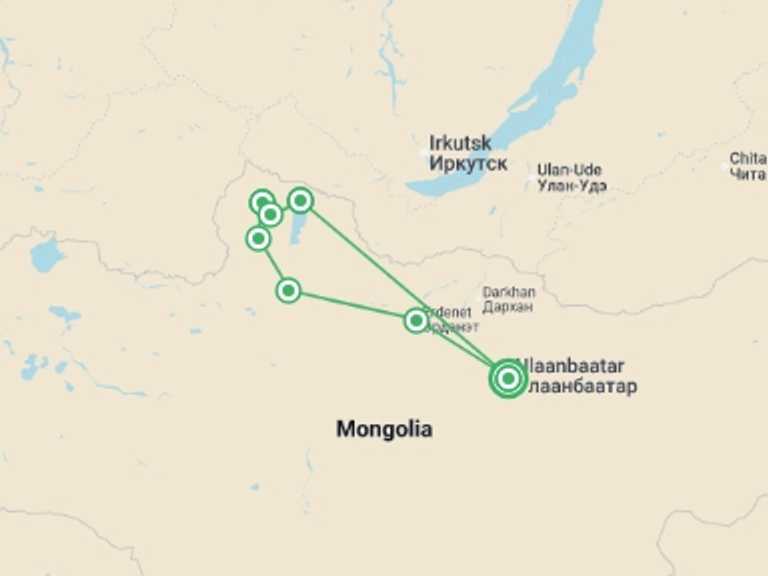 Map itinerary of Mongolia Tour in September 2026 with 7 destination visits for the trip: Mongolia Expedition: Reindeer Herders