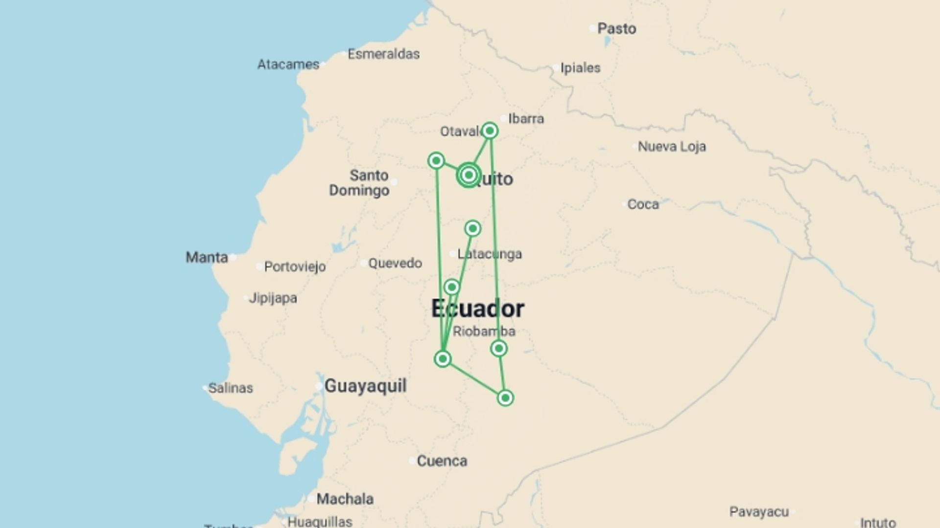 A map showing the tour itinerary for the trip: 14 Day Andean Cultures Ecuador, starting in Quito, Ecuador and ending in Quito, Ecuador going through 6 other destinations.