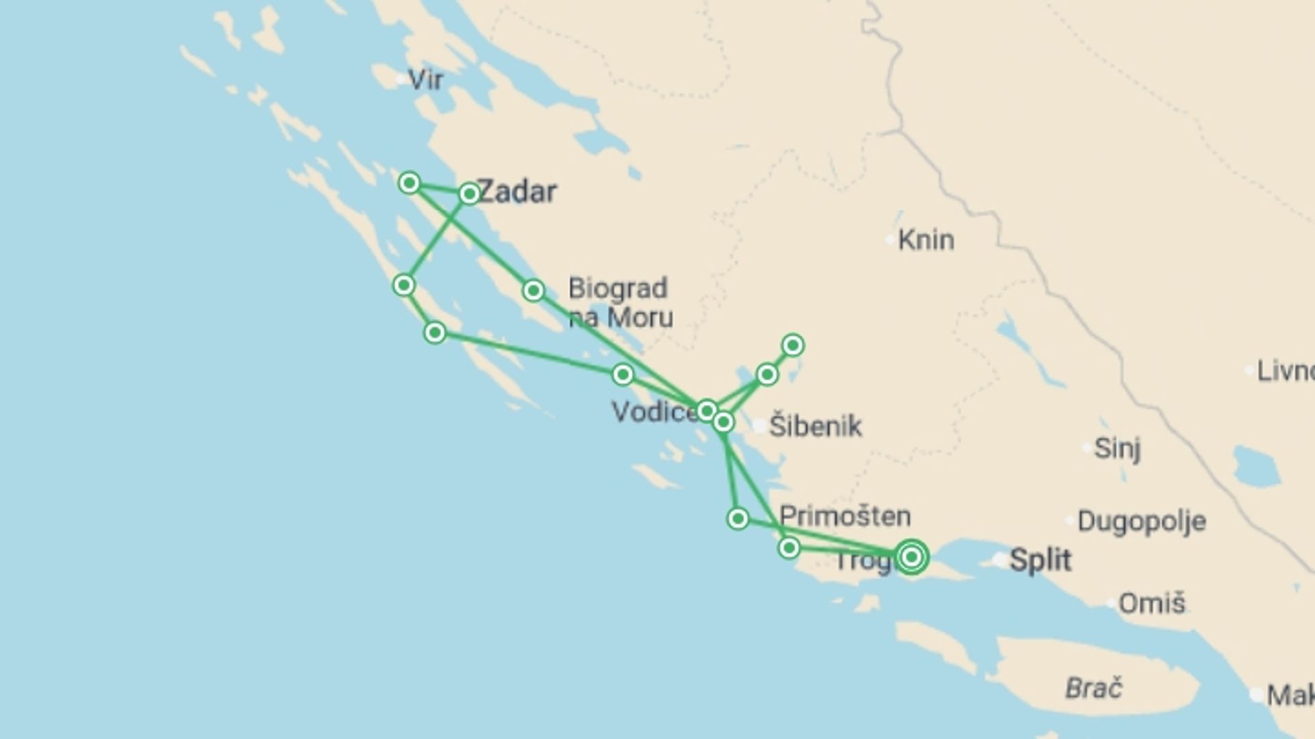A map showing the tour itinerary for the trip: North Dalmatia Bike & Boat - Deluxe, starting in Trogir, Croatia and ending in Trogir, Croatia going through 6 other destinations.