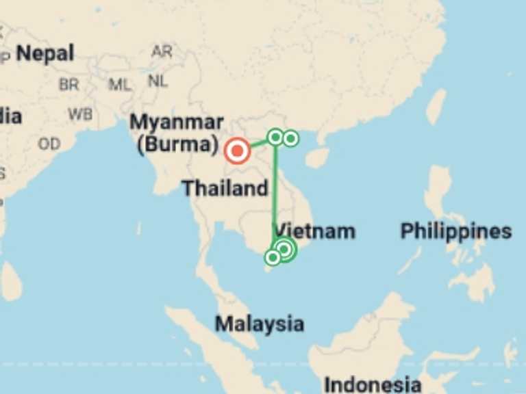 Map itinerary of Asia Tour in November 2026 with 5 destination visits for the trip: Vietnam & Laos Discovery - 8 days