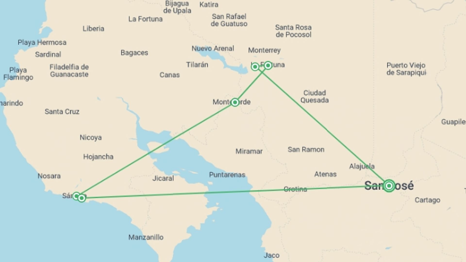 A map showing the tour itinerary for the trip: Costa Rica Family Escape, starting in San Jose, Costa Rica and ending in San Jose, Costa Rica going through 3 other destinations.