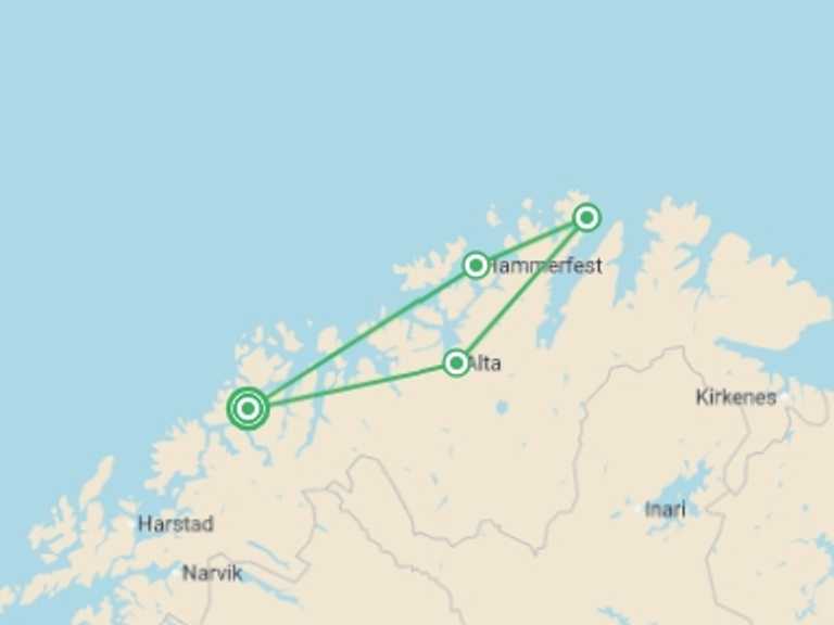 Map of Europe Tour with 3 destination visits for the trip: Tromso to the North Cape Self Drive - 7 days