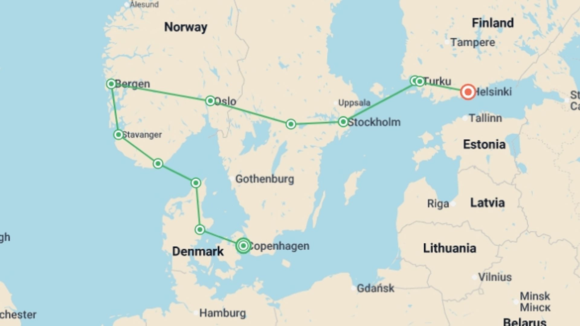 A map showing the tour itinerary for the trip: Solo Lite Scandinavia Explorer, starting in Copenhagen, Denmark and ending in Helsinki, Finland going through 7 other destinations.