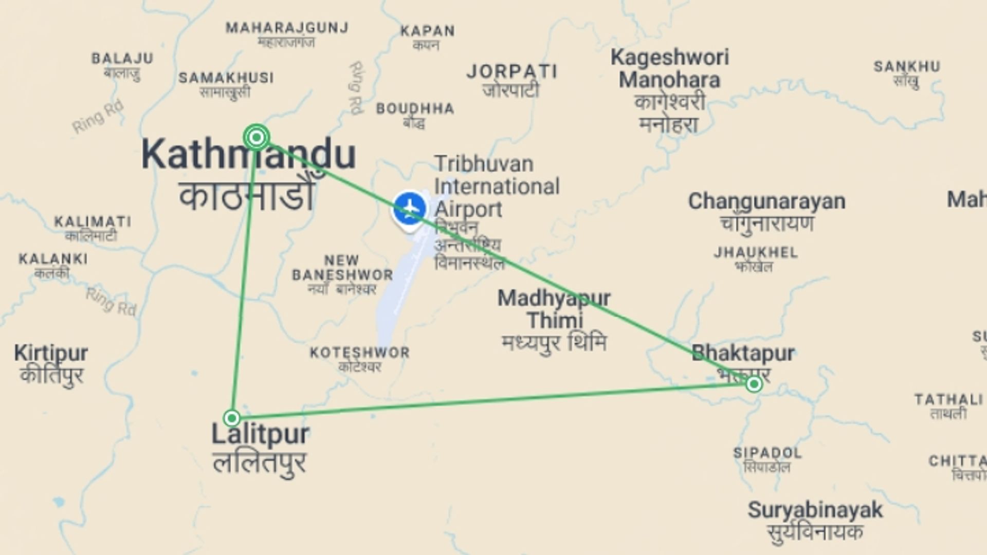 A map showing the tour itinerary for the trip: Kathmandu Valley Cultural Tour, starting in Kathmandu, Nepal and ending in Kathmandu, Nepal going through 2 other destinations.