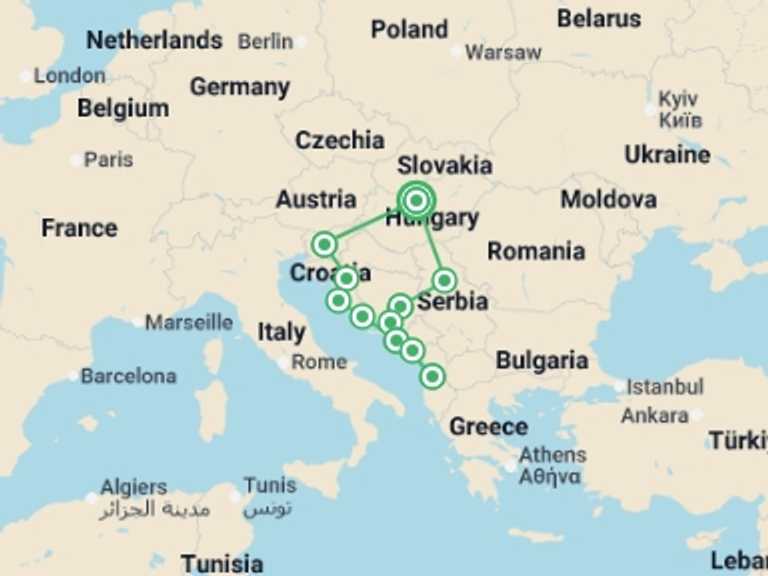 Map of 15-Day Europe Tour with 2 destination visits for the trip: Best of Balkans