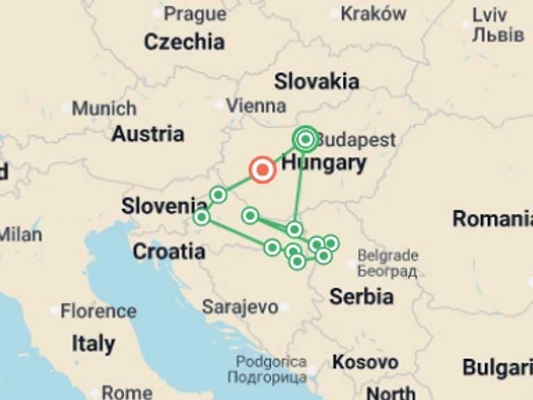 Map itinerary of Europe Tour in April 2027 with 9 destination visits for the trip: The majestic Danube, the authentic Sava and Lake Balaton (port-to-port cruise)