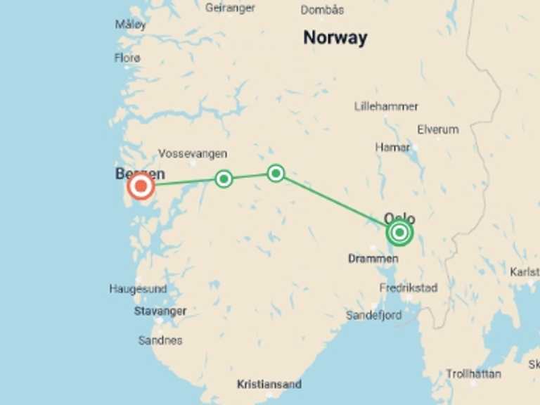 Map of Scandinavia Tour with 4 destination visits for the trip: Oslo to Bergen Self Drive - 7 days