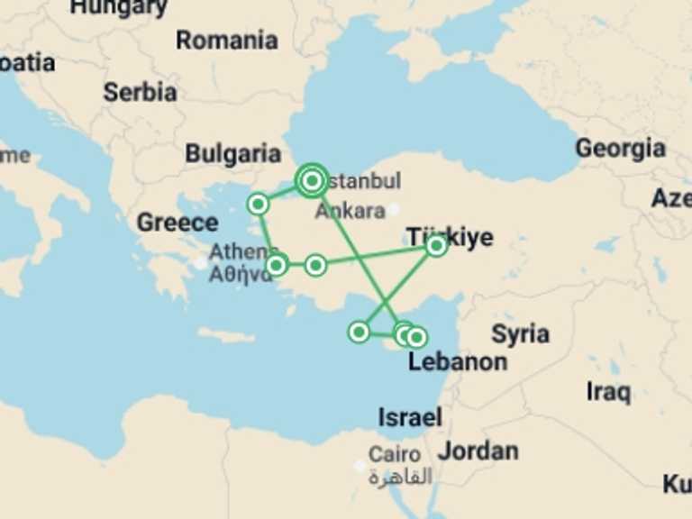 Map itinerary of Mediterranean Tour in November 2026 with 10 destination visits for the trip: Treasures of Turkey & Cyprus - 14 days