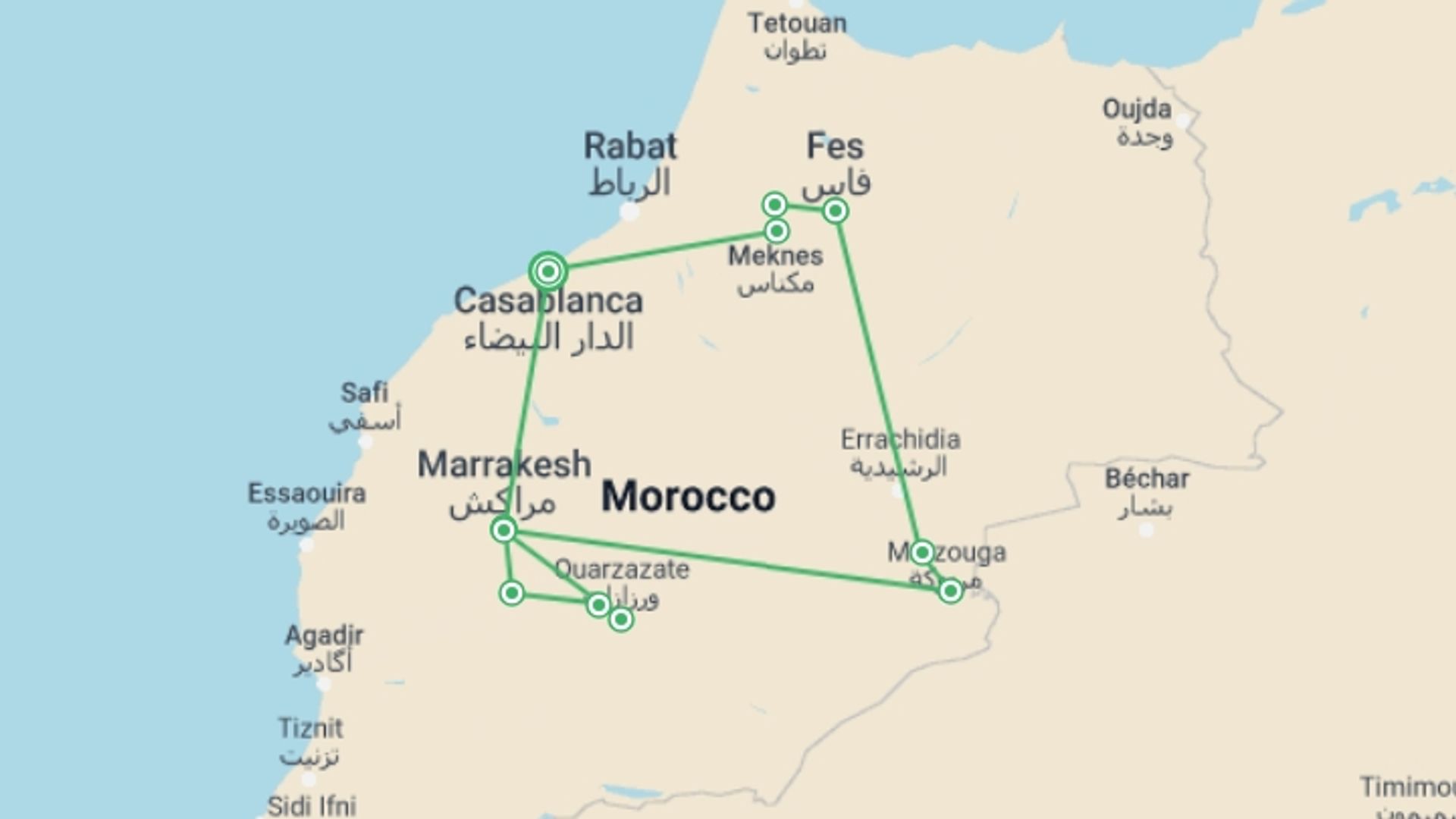 A map showing the tour itinerary for the trip: Morocco on a Shoestring, starting in Casablanca, Morocco and ending in Casablanca, Morocco going through 5 other destinations.