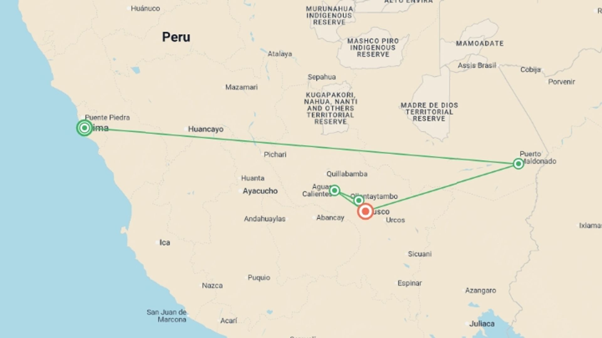 A map showing the tour itinerary for the trip: Peruvian Highlights, starting in Lima, Peru and ending in Cusco, Peru going through 3 other destinations.