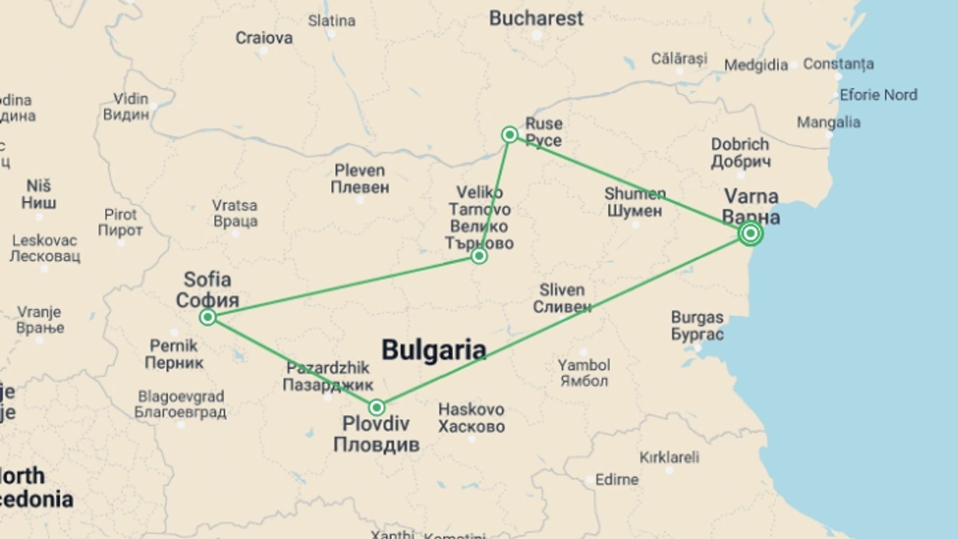 A map showing the tour itinerary for the trip: Exclusive Group (min 10 Pax): Bulgaria's Unesco World Heritage Sites, starting in Varna, Bulgaria and ending in Varna, Bulgaria going through 4 other destinations.