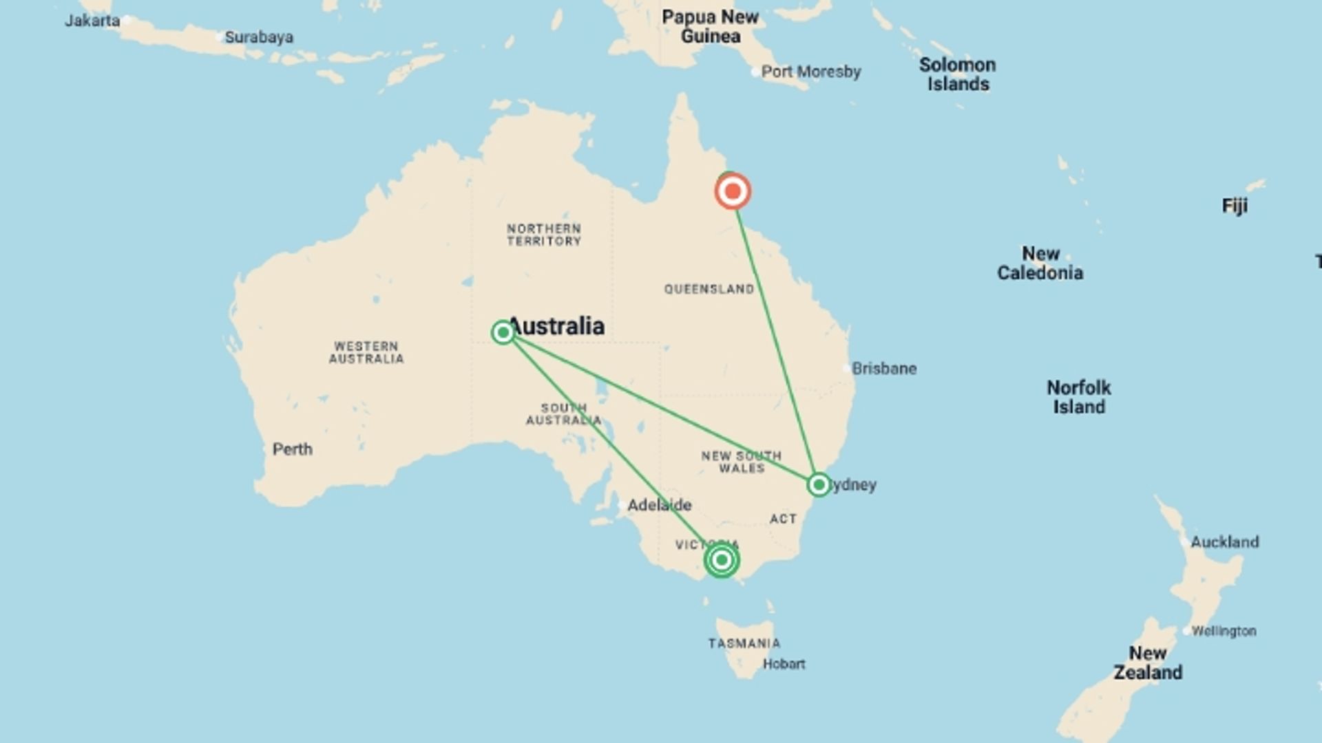 A map showing the tour itinerary for the trip: Journeys: Discover Australia, starting in Melbourne, Australia and ending in Cairns, Australia going through 3 other destinations.
