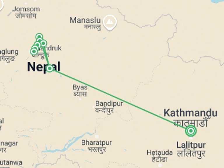 Map itinerary of Nepal Tour in Winter with 8 destination visits for the trip: Mardi Himal Trek