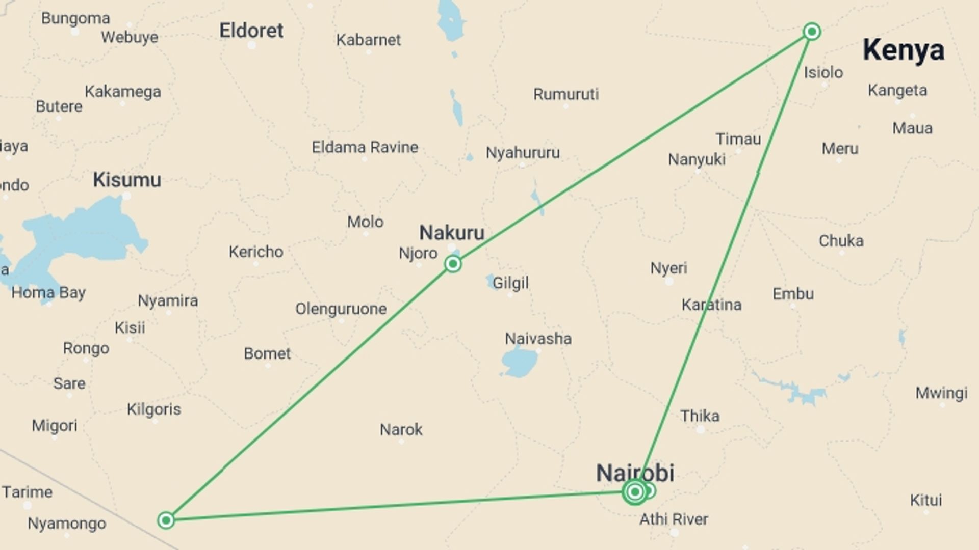 A map showing the tour itinerary for the trip: 6 Days Express Kenya Safari, starting in Nairobi, Kenya and ending in Nairobi, Kenya going through 4 other destinations.