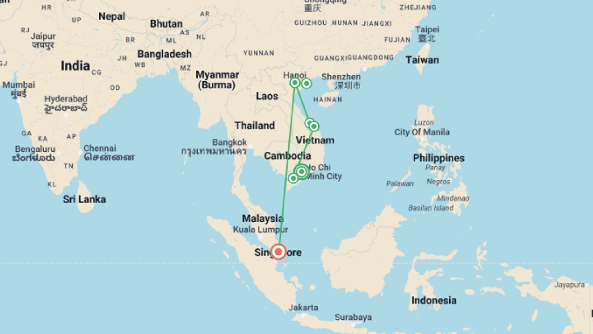 A map showing the tour itinerary for the trip: Best Of Singapore and Vietnam, starting in Ho Chi Minh City, Vietnam and ending in Singapore, Singapore going through 5 other destinations.