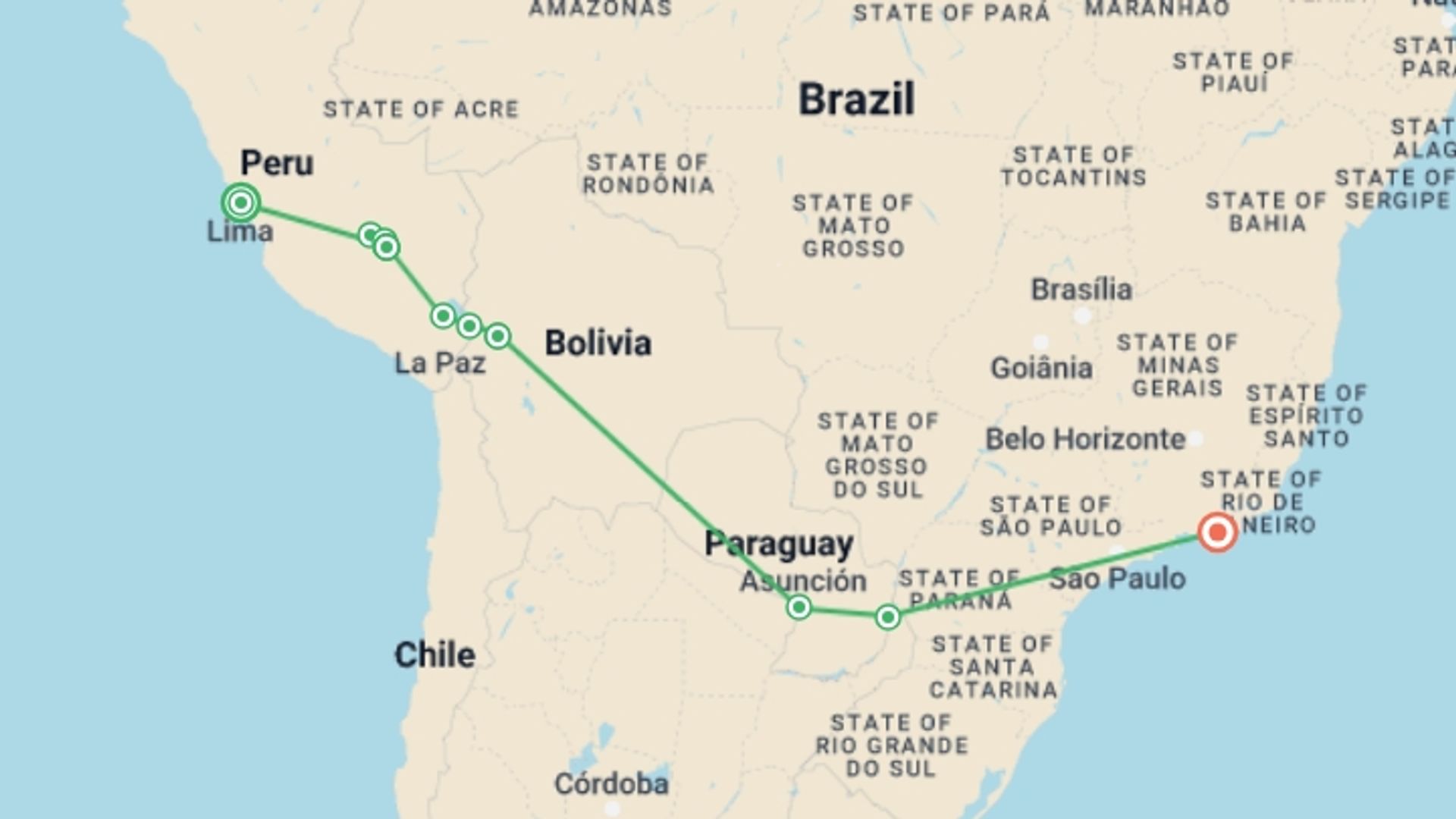 A map showing the tour itinerary for the trip: Journey Across South America - 19 Days, starting in Lima, Peru and ending in Rio de Janeiro, Brazil going through 8 other destinations.