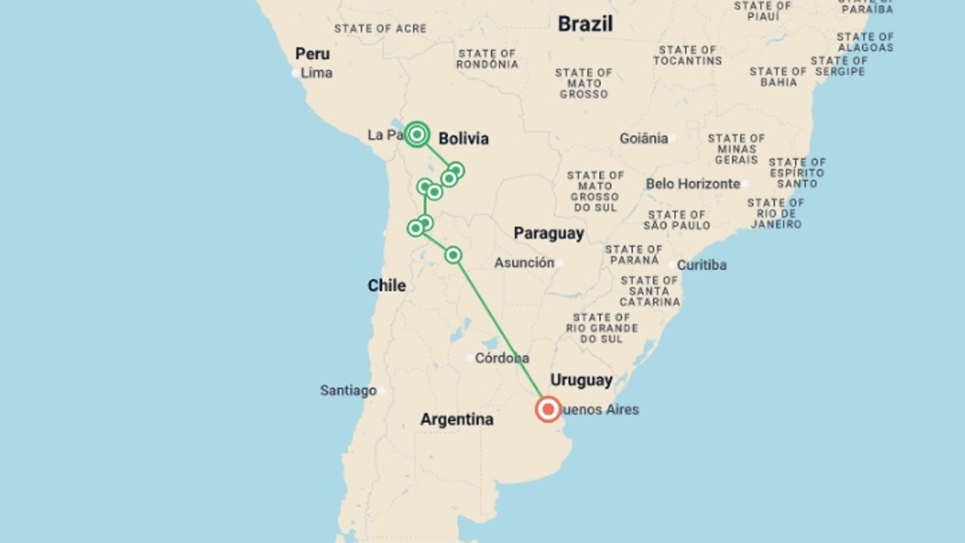 A map showing the tour itinerary for the trip: La Paz to Buenos Aires, starting in La Paz, Bolivia and ending in Buenos Aires, Argentina going through 7 other destinations.