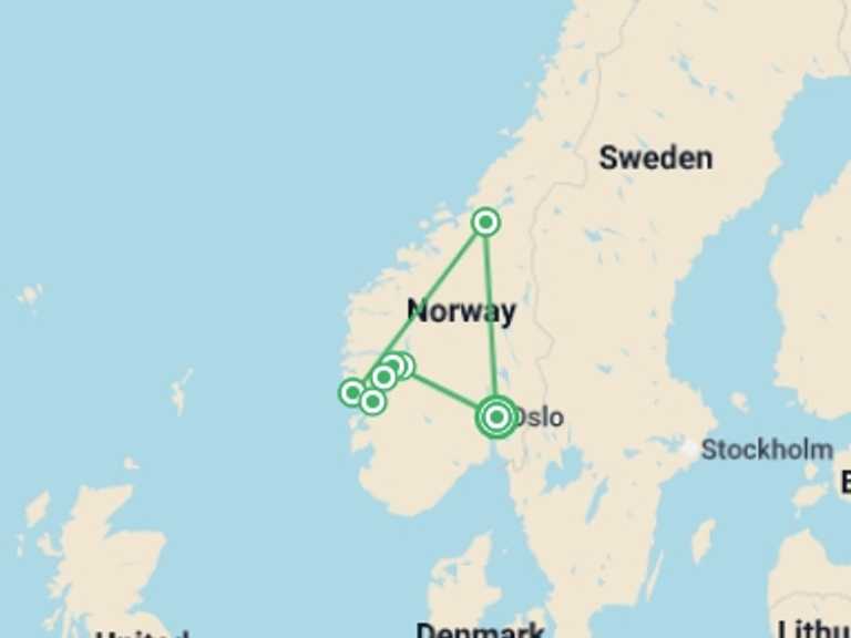 Map itinerary of Europe Tour in May 2026 with 5 destination visits for the trip: Fjords, Cruise & Coast - 9 days