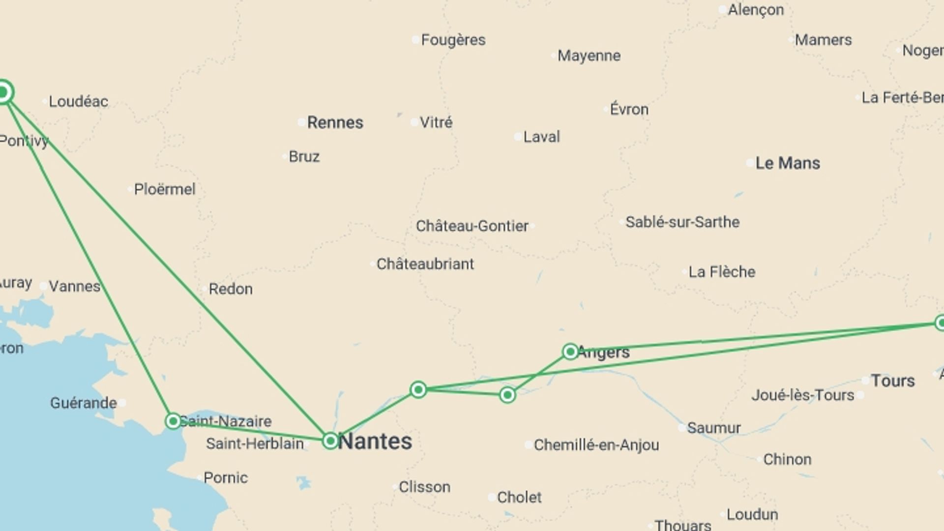 A map showing the tour itinerary for the trip: Family Club - The Loire Valley, a Royal legacy (port-to-port cruise), starting in Brittany, France and ending in Brittany, France going through 4 other destinations.