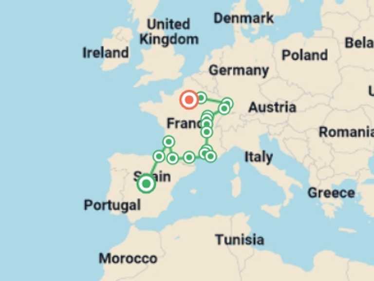 Map of 8-Day Strasbourg Tour with 8 destination visits for the trip: Spain, south of France, Burgundy and Alsace
