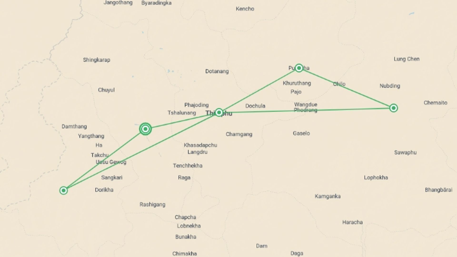 A map showing the tour itinerary for the trip: Journeys: Wonders of Bhutan, starting in Paro, Bhutan and ending in Paro, Bhutan going through 5 other destinations.