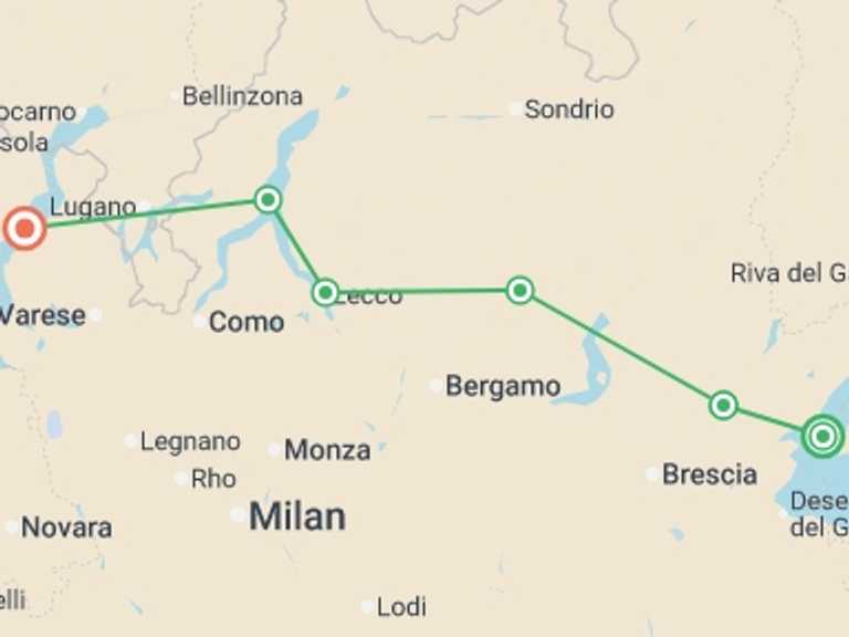 Map of Lake Garda Tour with 6 destination visits for the trip: Cycling the Italian Lakes
