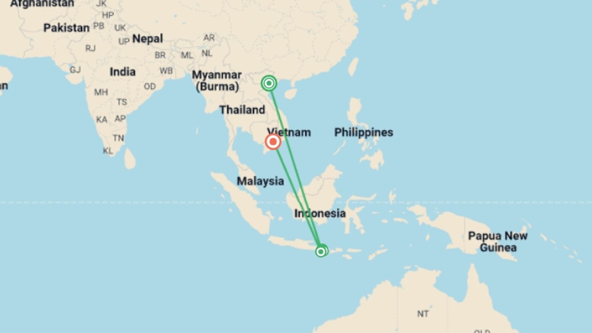 A map showing the tour itinerary for the trip: Bali Culture and Adventure in 11 Days, starting in Hanoi, Vietnam and ending in Ho Chi Minh City, Vietnam going through 11 other destinations.