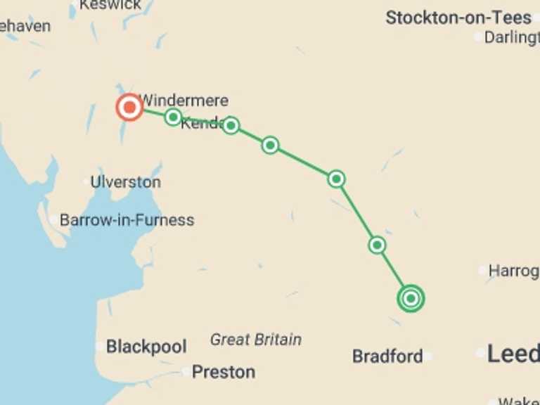 Map itinerary of Europe Tour in August 2026 with 8 destination visits for the trip: The Dales Way