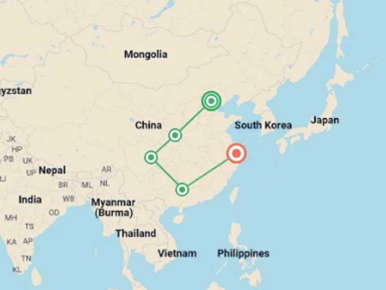Map itinerary of China Tour in September 2026 with 6 destination visits for the trip: China Adventure