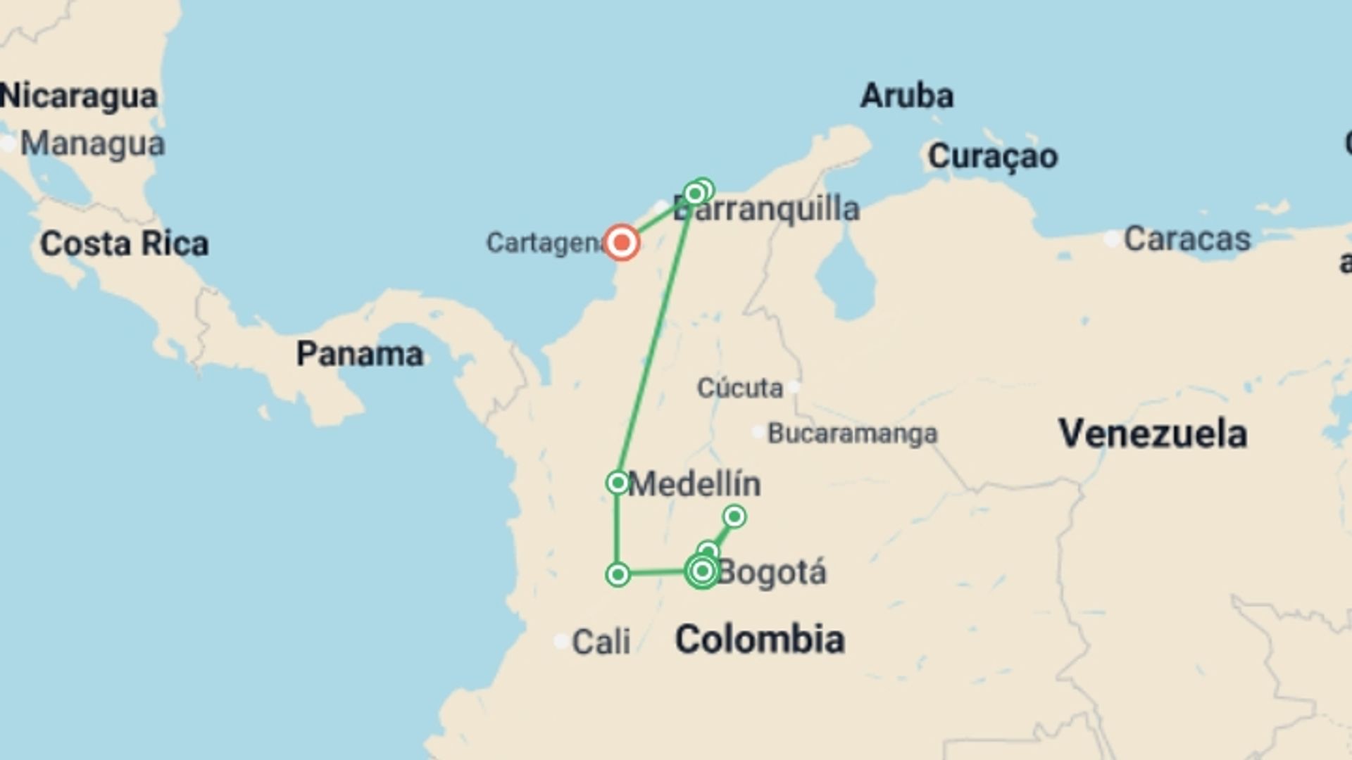 A map showing the tour itinerary for the trip: Highlights of Colombia - 11 days, starting in Bogota, Colombia and ending in Cartagena, Colombia going through 4 other destinations.