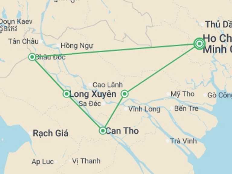 Map itinerary of Asia Tour in October 2026 with 5 destination visits for the trip: Cycling the Mekong Delta - 7 days