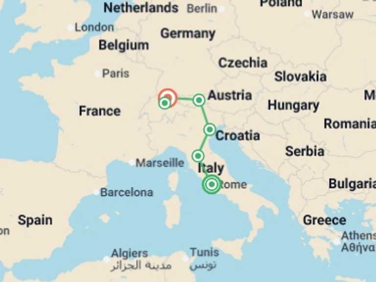Map of Europe Tour with 4 destination visits for the trip: Classical Italy and Switzerland