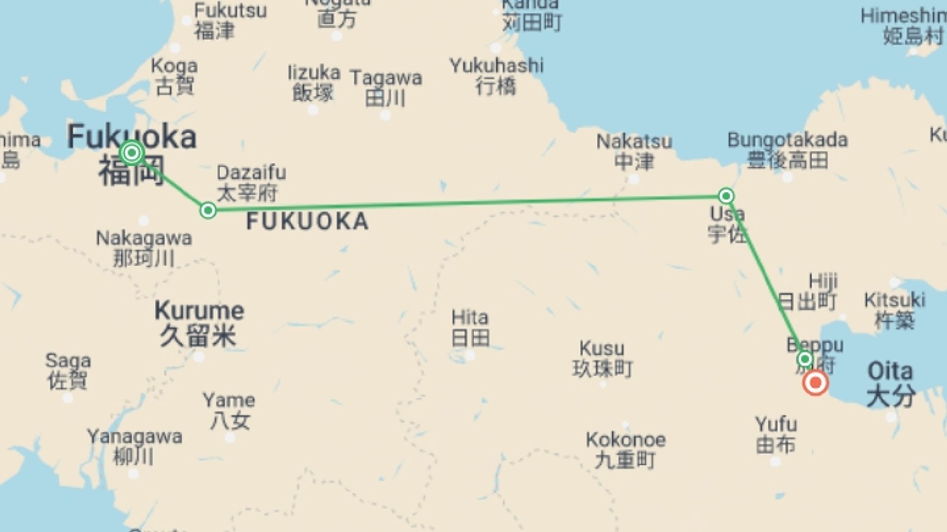 A map showing the tour itinerary for the trip: Kyushu Onsen to Onsen, starting in Fukuoka, Japan and ending in Beppu, Japan going through 3 other destinations.