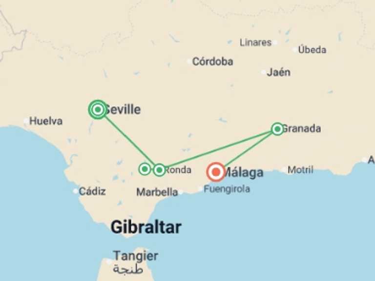 Map itinerary of Granada Tour in July 2027 with 5 destination visits for the trip: Highlights of Andalucia