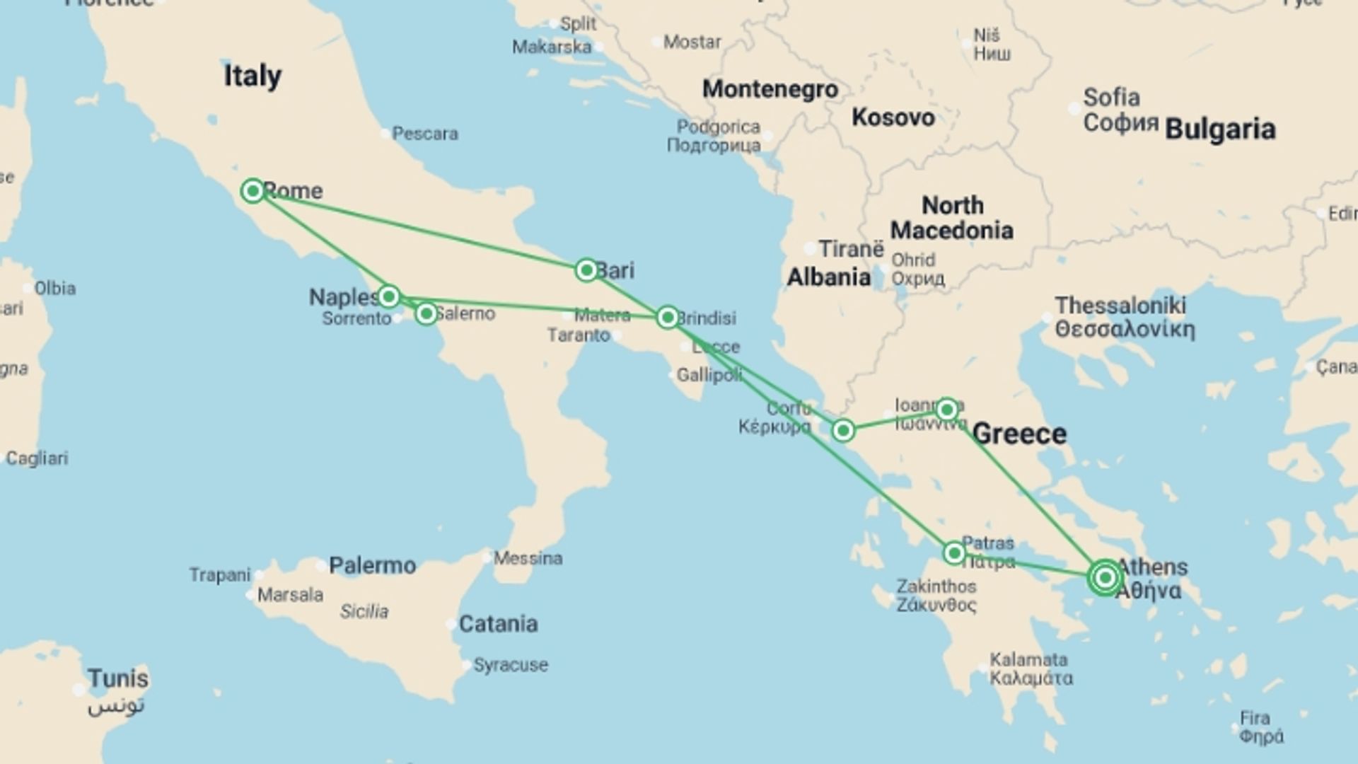 A map showing the tour itinerary for the trip: Greece and Heart of Italy with Meteoras, starting in Athens, Greece and ending in Athens, Greece going through 8 other destinations.
