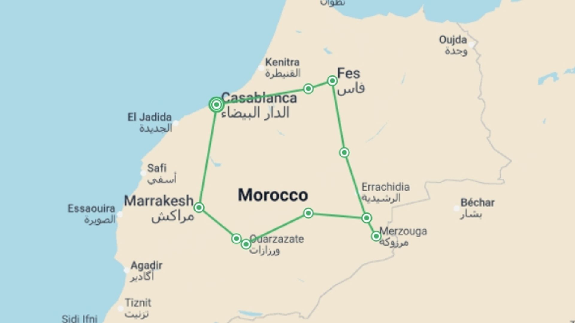A map showing the tour itinerary for the trip: Grand Morocco Explorer - 10 days , starting in Casablanca, Morocco and ending in Casablanca, Morocco going through 6 other destinations.