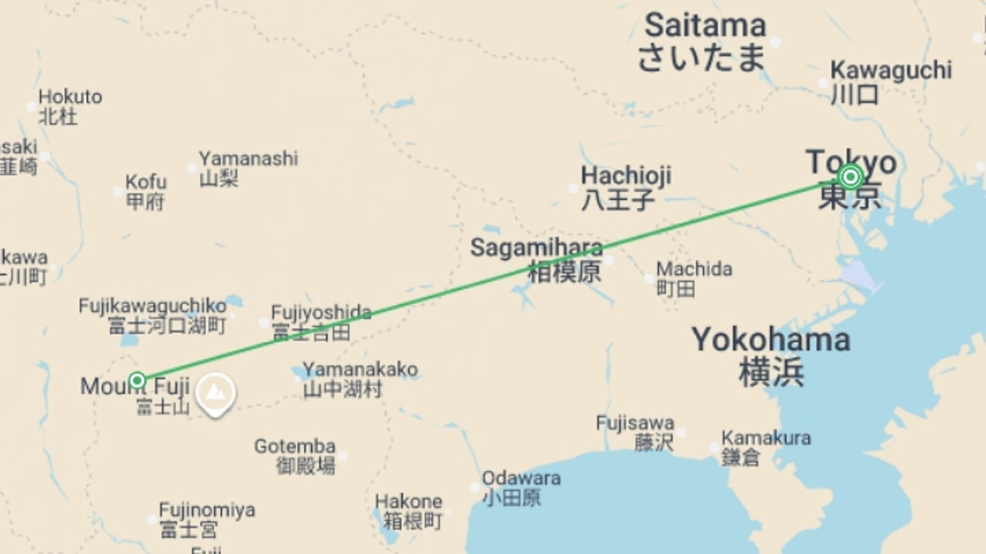 A map showing the tour itinerary for the trip: Tokyo Short Stay Package, starting in Tokyo, Japan and ending in Tokyo, Japan going through 1 other destinations.