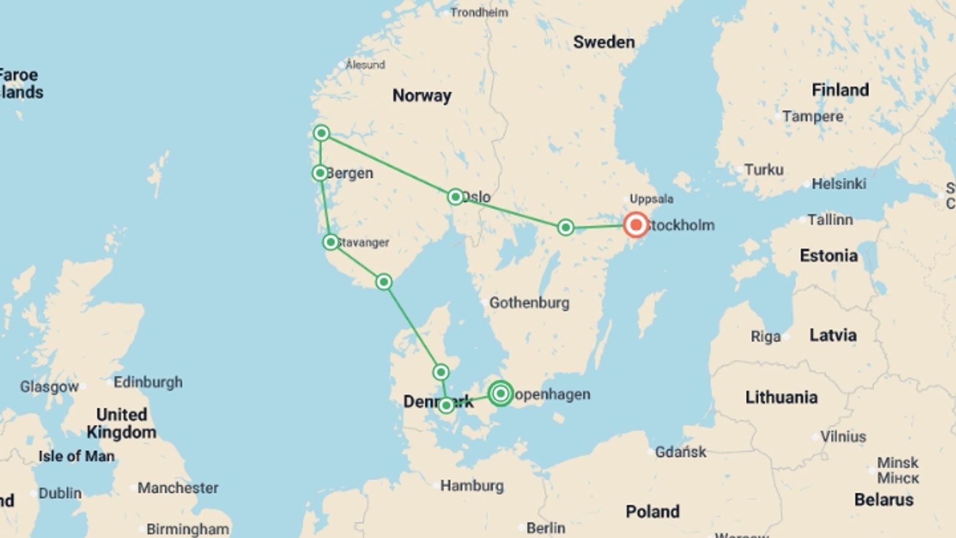 A map showing the tour itinerary for the trip: Scandinavian Capitals, starting in Copenhagen, Denmark and ending in Stockholm, Sweden going through 4 other destinations.