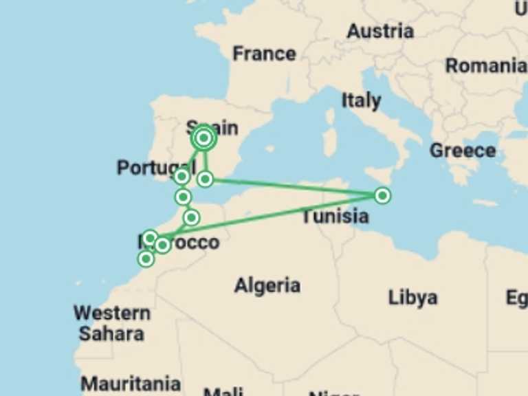 Map of Europe Tour with 9 destination visits for the trip: Muslim Spain and Morocco