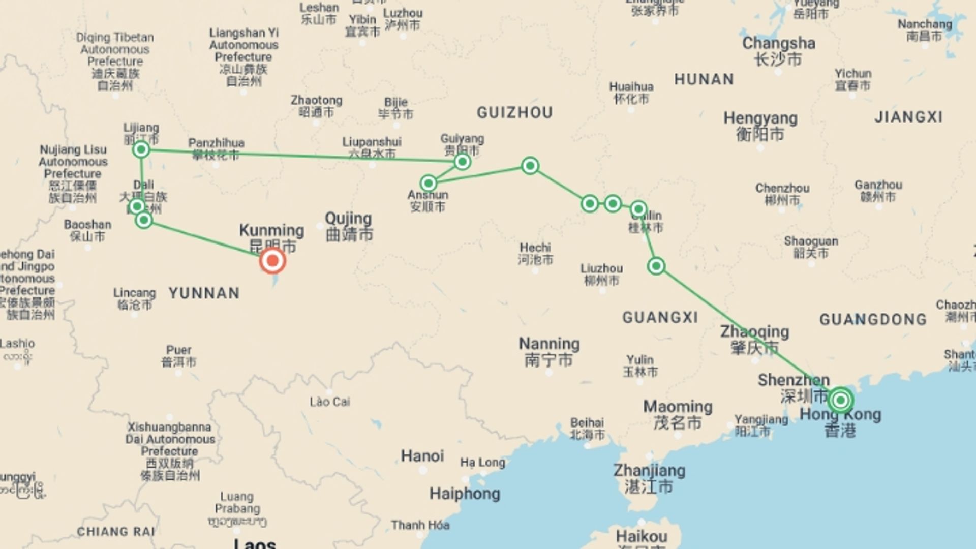 A map showing the tour itinerary for the trip: China Minorities Adventure, starting in Hong Kong, Hong Kong and ending in Kunming, China going through 10 other destinations.