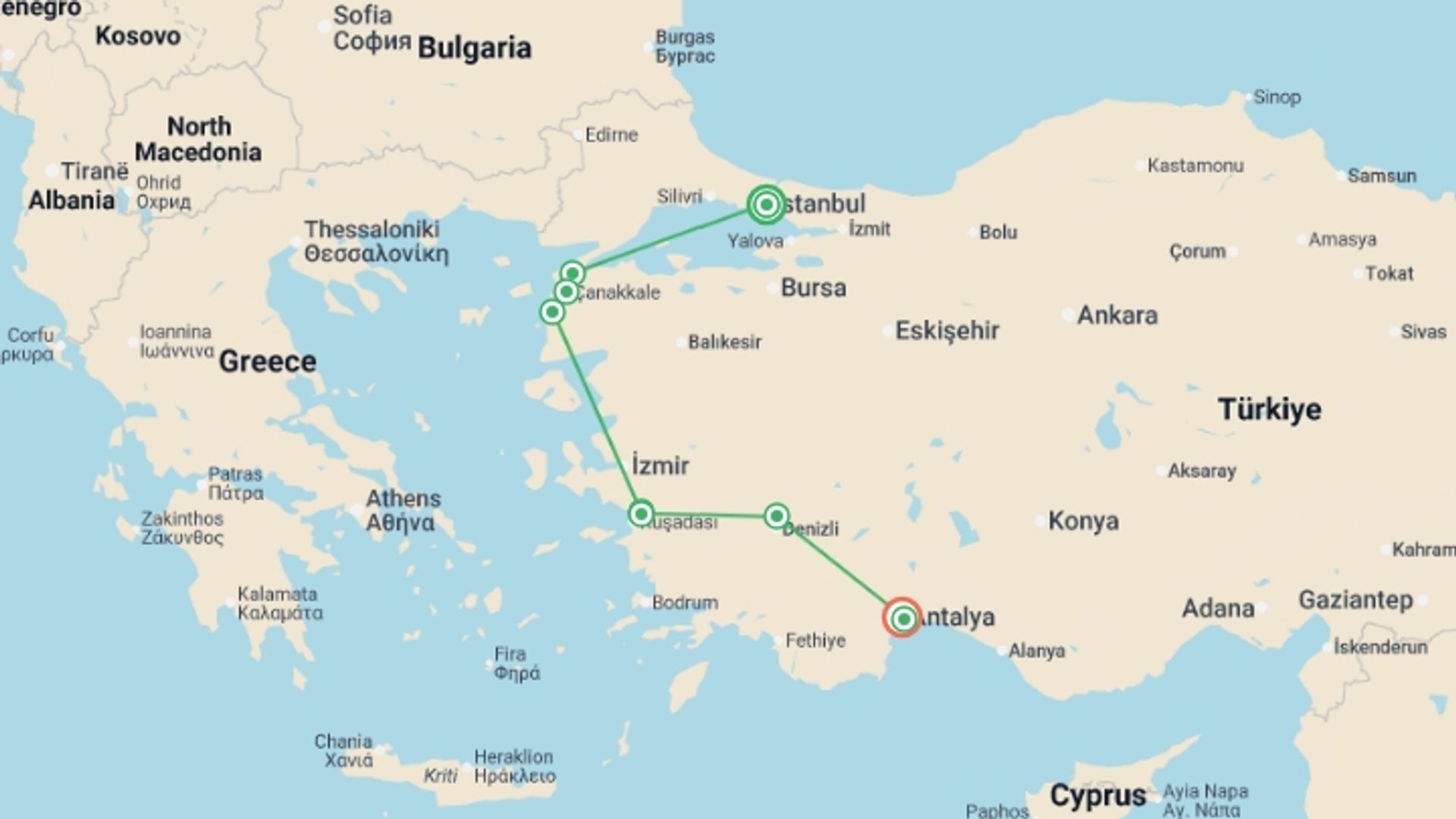A map showing the tour itinerary for the trip: Essential Turkey, starting in Istanbul, Turkey and ending in Antalya, Turkey going through 4 other destinations.