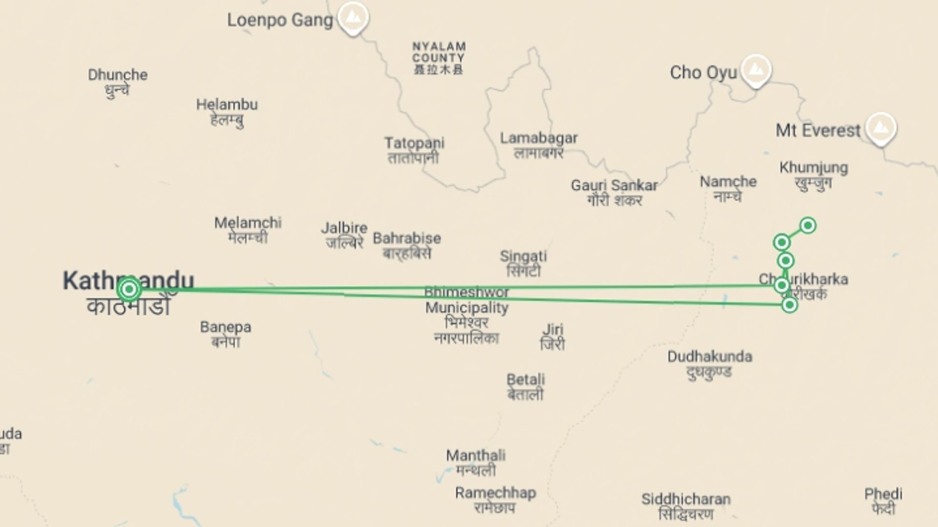 A map showing the tour itinerary for the trip: Everest Trek in Comfort, starting in Kathmandu, Nepal and ending in Kathmandu, Nepal going through 6 other destinations.