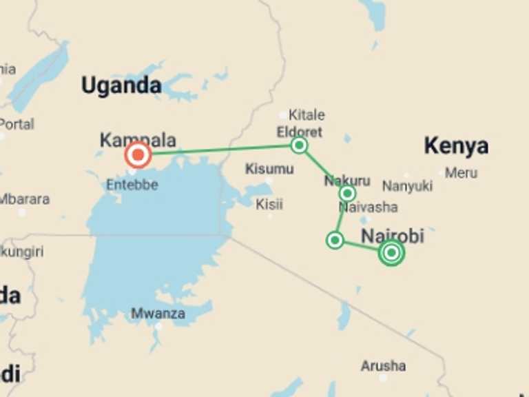 Map of Africa Tour with 5 destination visits for the trip: Nairobi to Kampala Overland Safari & Participation Camping