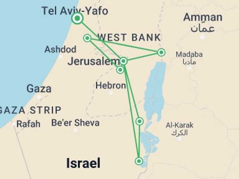 Map of a Spiritual or religious Tour with 2 destination visits for the trip: Jerusalem, Masada And Bethlehem Tour, 3 Days From Tel Aviv