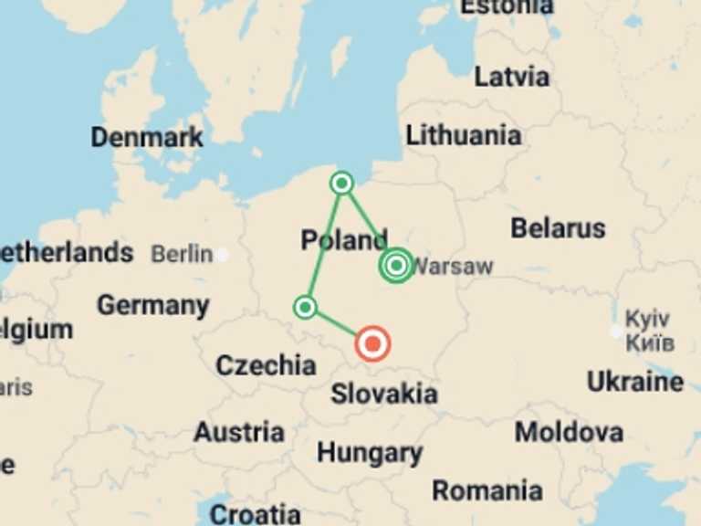 Map itinerary of Europe Tour in November 2026 with 4 destination visits for the trip: Classic Poland: Warsaw to Krakow