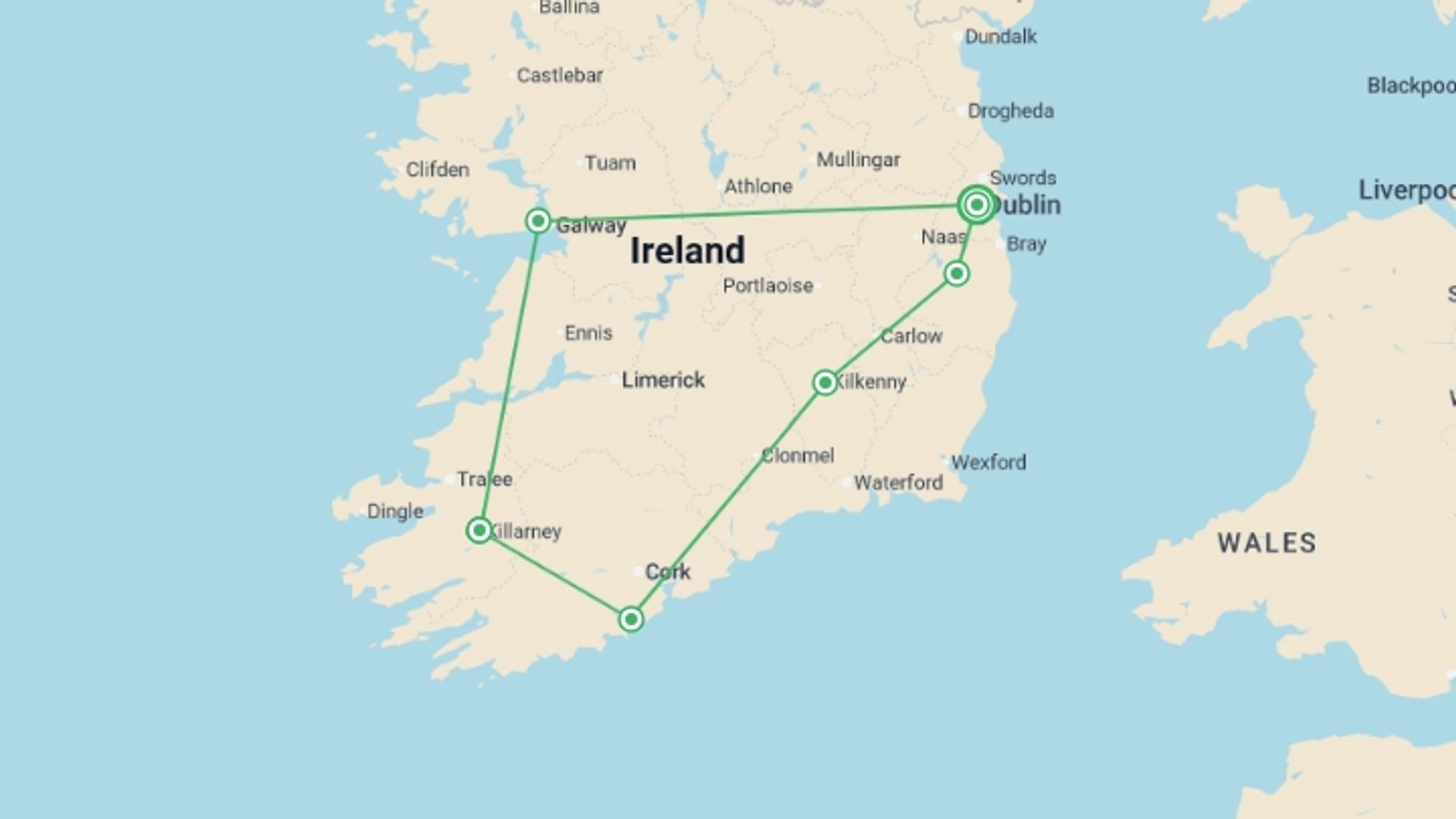 A map showing the tour itinerary for the trip: Land of Saints & Scholars (Hotel) - 7 days, starting in Dublin, Ireland and ending in Dublin, Ireland going through 5 other destinations.