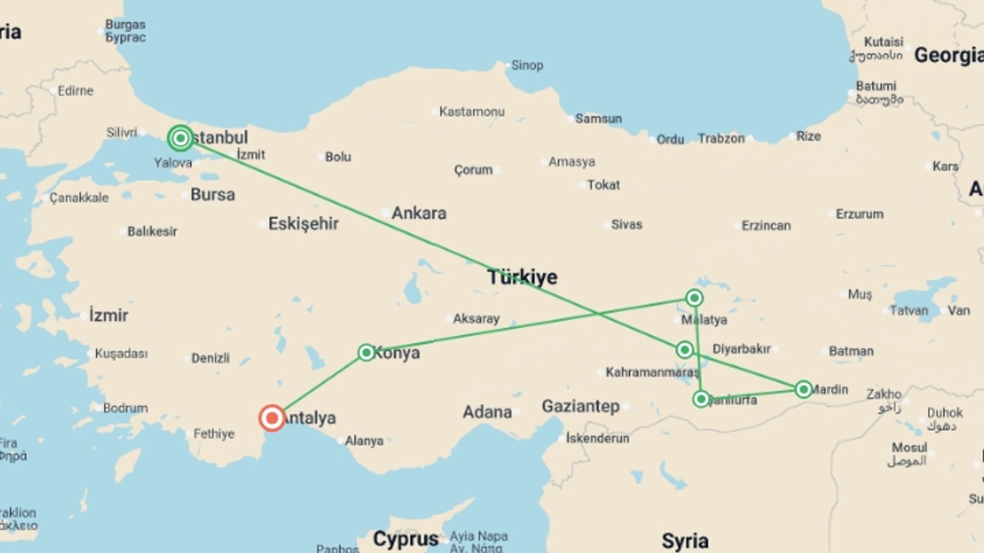 A map showing the tour itinerary for the trip: Eastern Turkey Explorer, starting in Istanbul, Turkey and ending in Antalya, Turkey going through 5 other destinations.