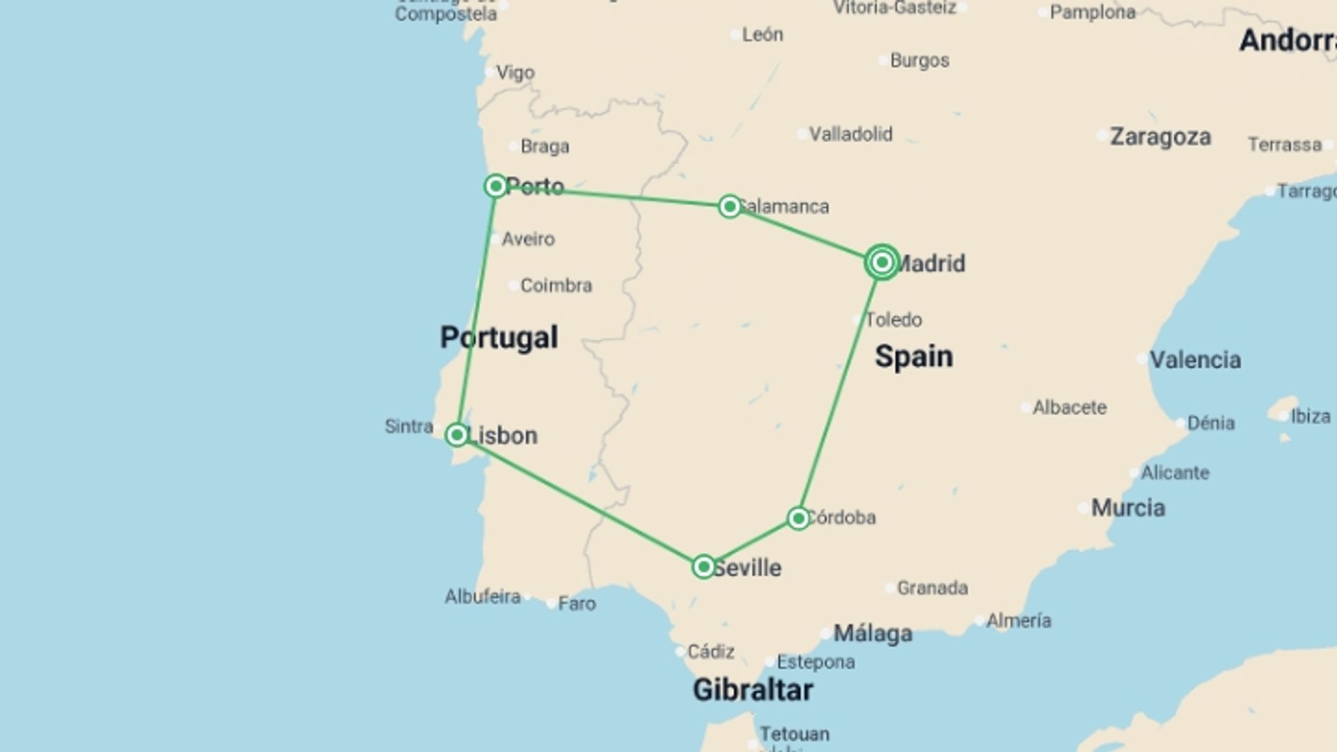 A map showing the tour itinerary for the trip: Spain and Portugal Highlights, starting in Madrid, Spain and ending in Madrid, Spain going through 5 other destinations.